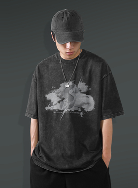 STA2023新款闪电云朵S休闲纯棉圆领短袖T恤水洗美式重磅男士潮牌