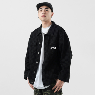 潮牌 衬衫 STA秋冬小logo棋盘牛仔外套男女工装 夹克翻领复古长袖
