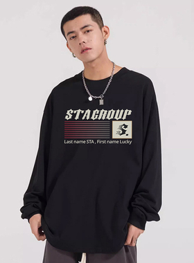 STA春秋重磅潮牌纯棉长袖t恤男红条渐变间隔S印花宽松休闲情侣装