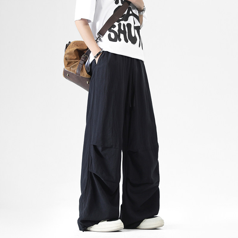 STA潮牌黑色高街褶皱阔腿裤男宽松垂感工装裤oversize直筒长裤