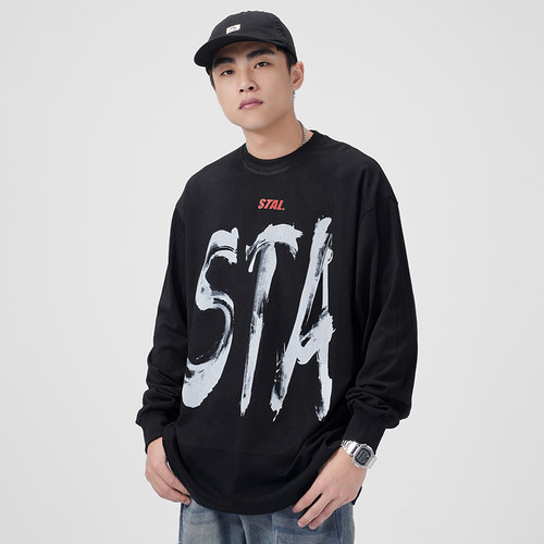 STA水墨风印花重磅水洗长袖T恤