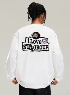 STA灰色队标画板印花纯棉长袖t恤潮牌男女春秋季运动休闲上衣ins