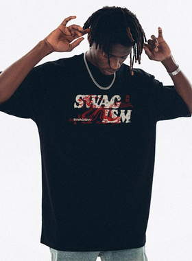 STA叠印龙纹短袖宽松夏季国潮重磅纯棉情侣装黑色白色男生半袖t恤