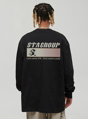 STA国潮美式高街间隔S星标印花长袖t恤男女夏季情侣宽松上衣体恤