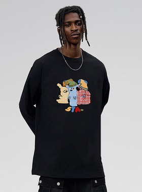 STA潮牌小狗卡通印花长袖T恤男黑色宽松设计感重磅纯棉休闲上衣