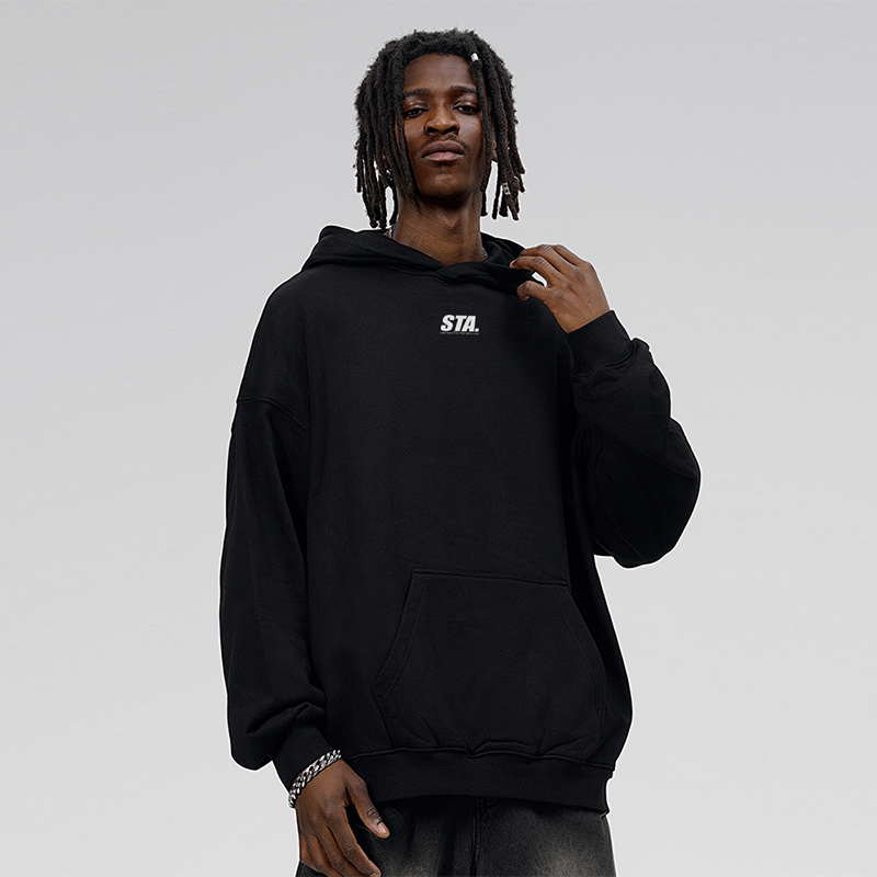 STA潮牌美式黑色纯棉连帽卫衣