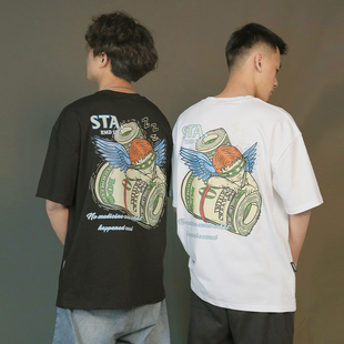 休闲宽松潮牌t恤街头 纯棉圆领上衣短袖 STA2023春夏季 金钱天使美式