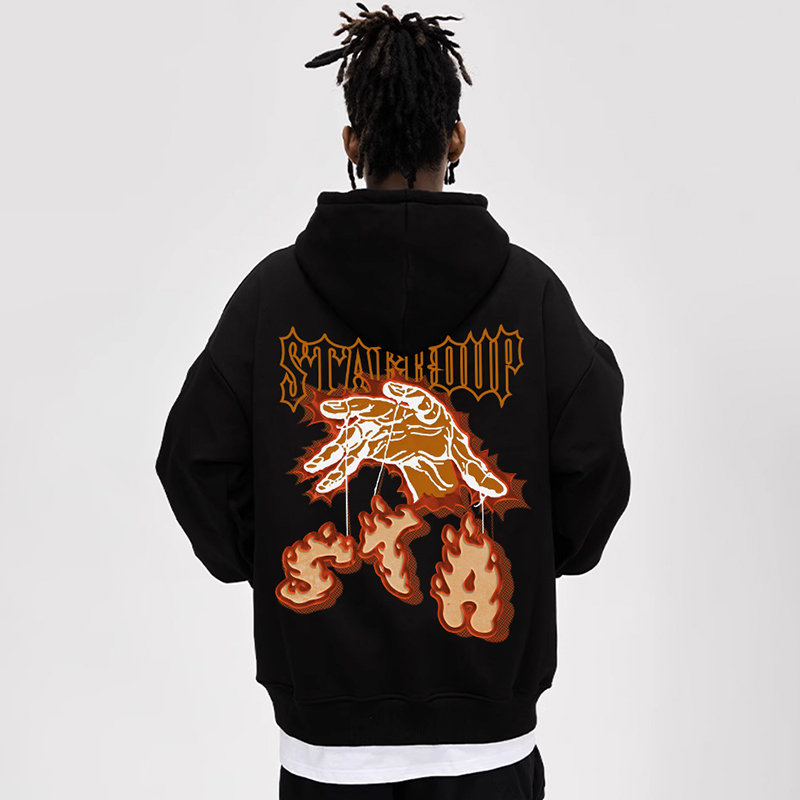 STA火焰拉线logo国潮连帽卫衣