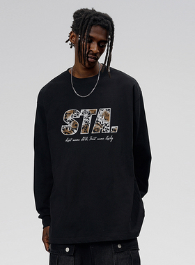 STA高街设计黑色长袖T恤男宽松圆领字母印花休闲百搭潮流套头上衣