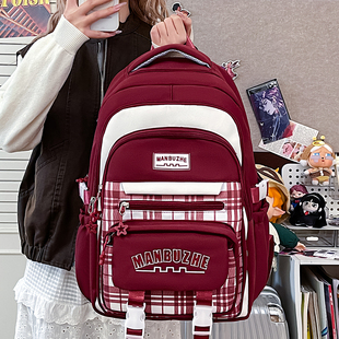 高颜值新款 多层格子书包女小学生大容量双肩包初中高中生轻便背包