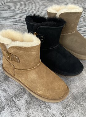 秋冬季新款女雪地靴金属搭扣牛皮加厚羊毛防滑东北保暖鞋皮毛一体