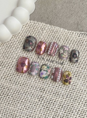 原创宁法花园短款显白设计油画风手绘氛围美甲小众手工定制穿戴甲