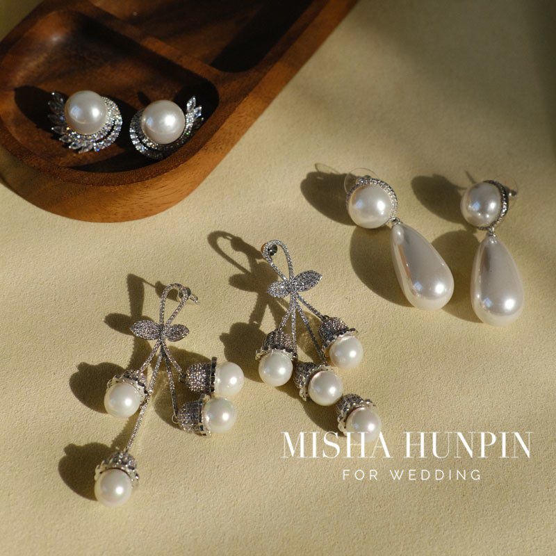 新款法式复古珍珠耳环锆石微镶高级感优雅新娘小众婚纱礼服耳环