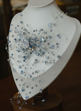 韩式新娘结婚晚宴礼服蓝色水晶蝴蝶项链耳夹耳环套装灰色礼服头饰