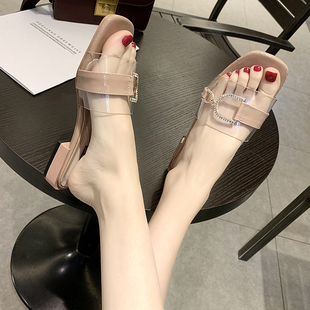 新款 时尚 女2024夏季 韩国潮牌网红水钻透明粗跟拖鞋 百搭外穿一字拖