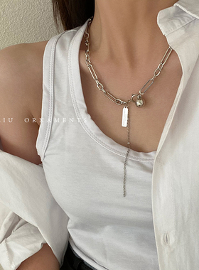 潮牌方牌珍珠吊坠项链女轻奢小众