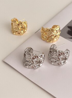 欧美INS夸张熔岩C圈小众个性气质复古褶皱宽面镀金耳圈时髦耳环潮