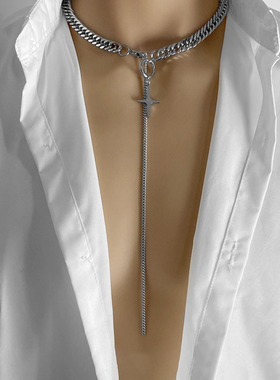 钛钢古巴链芒星十字架拼接项链