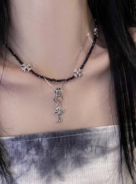 甜酷十字架吊坠串珠双层拼接项链
