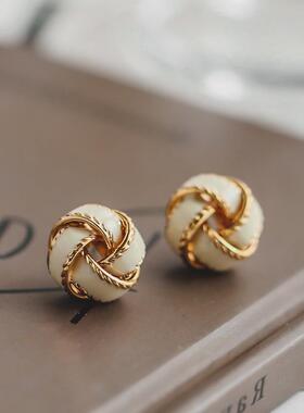 小众法式复古高级感S925银针奶油白同心结耳环耳钉气质耳饰轻奢