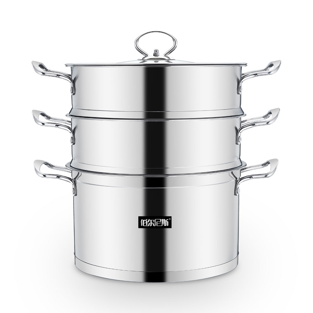 伯尔尼斯不锈钢萨斯双层三层蒸锅复底炉灶通用玻璃盖实心蒸格沥水