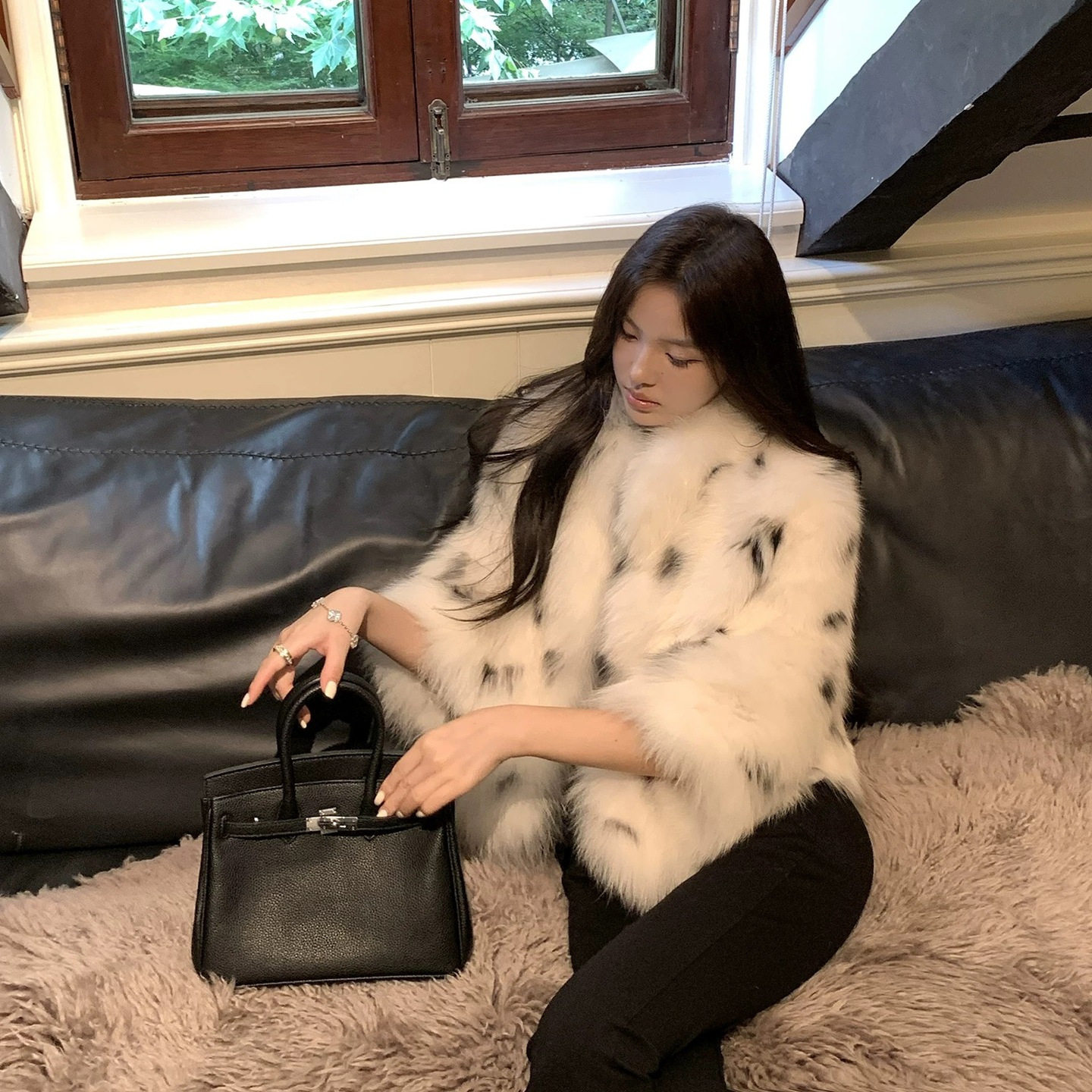 夫人七分袖 小奶豹狐狸毛车条波点显瘦立领七分袖皮草外套女