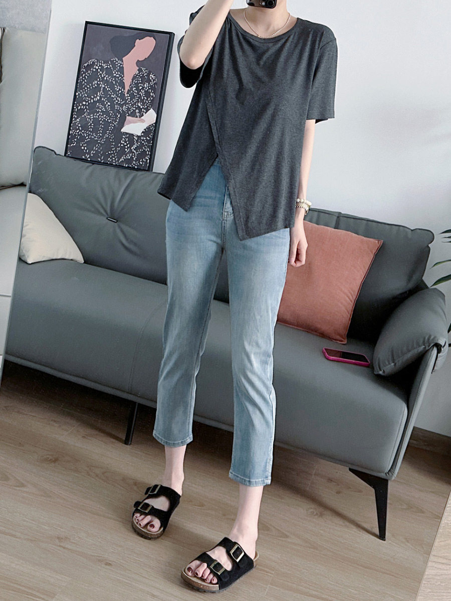 PLUS SIZE WOMENS SUMMER THIN STRETCH ICE SILK SLIT STRAIGHT CROPPED JEANS FAT MM SLIM CROPPED CIGARETTE PANTS