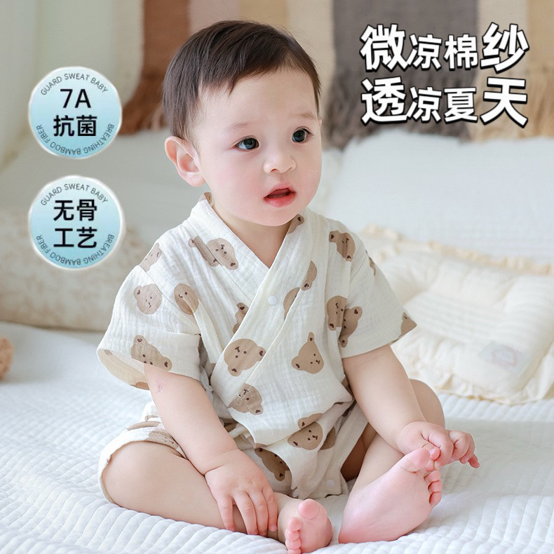 婴幼儿短袖哈衣夏季薄款纱布纯棉新生儿和尚衣服小月龄连体衣爬服
