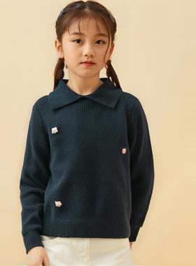 colormo女童手工勾花美利奴羊毛衫春秋冬百搭保暖套头上衣针织衫