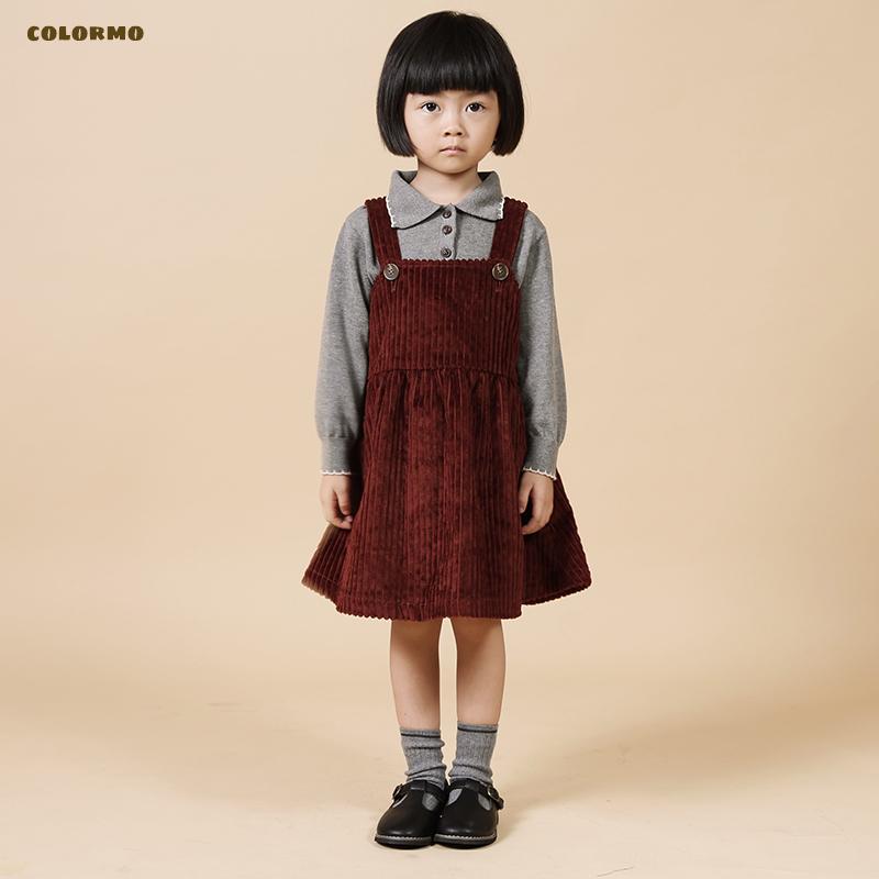 colormo女童柔软纯棉灯芯绒复古背带裙连衣裙带内衬儿童时髦舒服