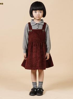 colormo女童柔软纯棉灯芯绒复古背带裙连衣裙带内衬儿童时髦舒服