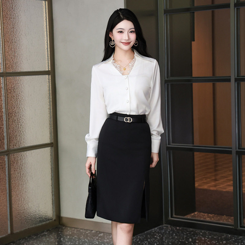 气质白色长袖衬衫时尚套装女秋装2025年秋季新款宽松半身裙两件套