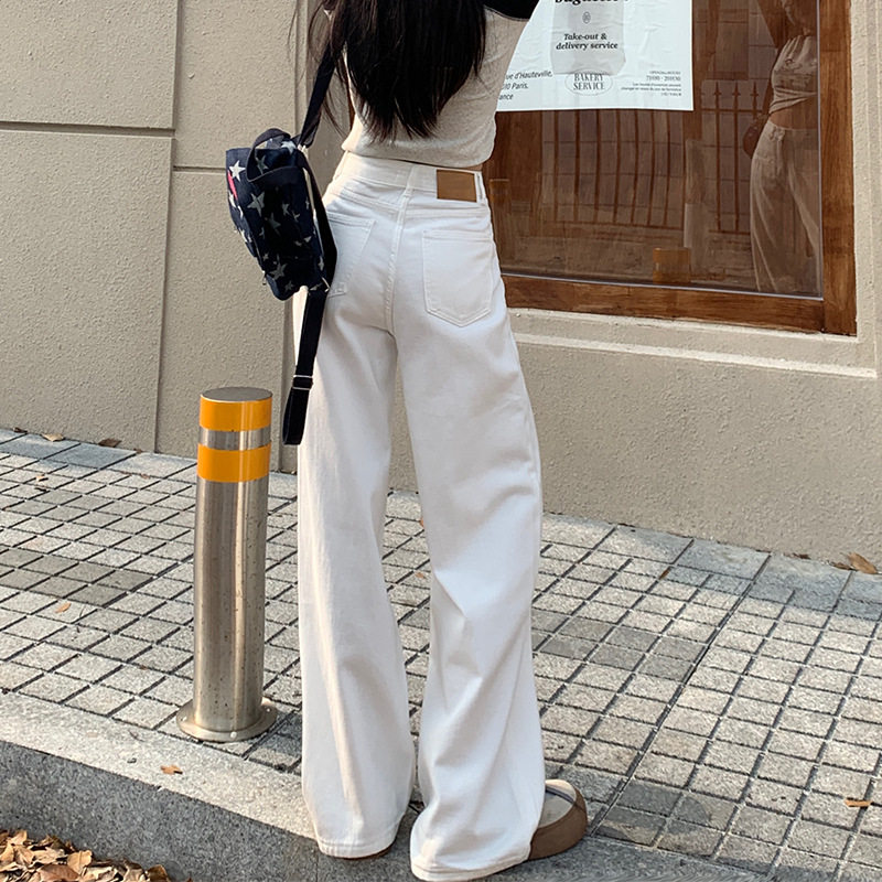 白色阔腿牛仔裤女2025秋季新款高腰宽松窄版小个子垂感直筒裤