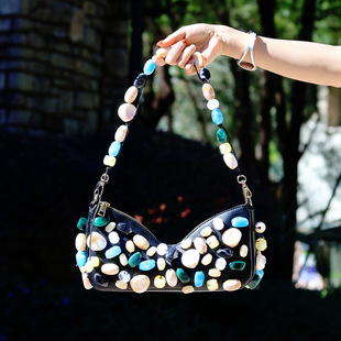 个性 饰单肩包PU皮包HOBO腋下包街头潮流女包手提包 创意石头串珠装