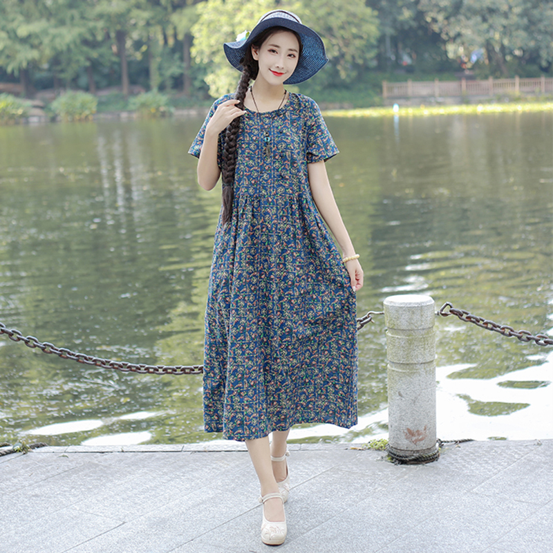 民族风短袖棉麻连衣裙时尚宽松中长裙大摆裙女夏季薄款大码女裙子10月15日最新优惠