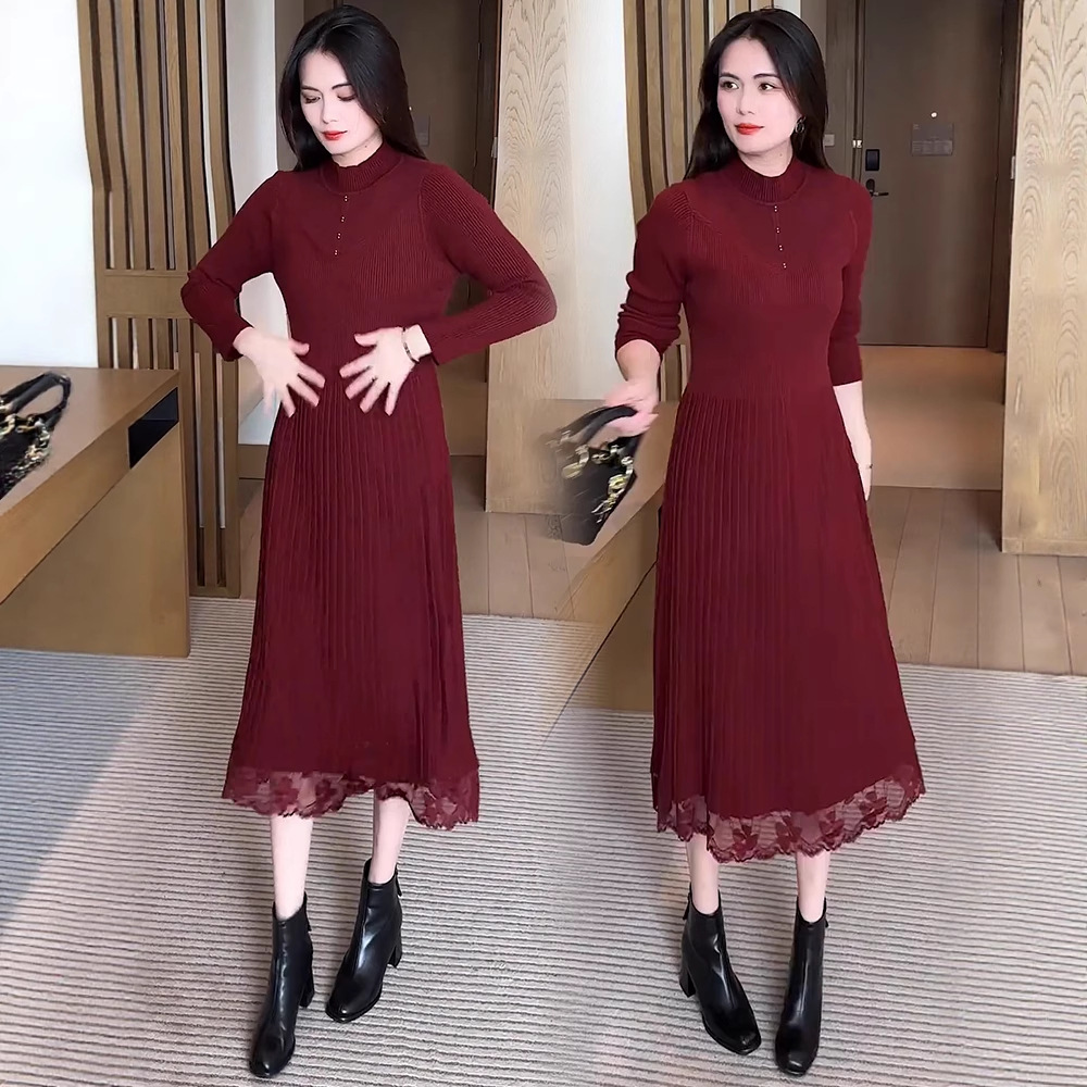 时尚针织连衣裙女秋季新款洋气显瘦中长款内搭打底蕾丝拼接裙子