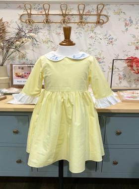 出口韩国高端大牌女童娃娃领黄色五分袖连衣裙满8件打8折
