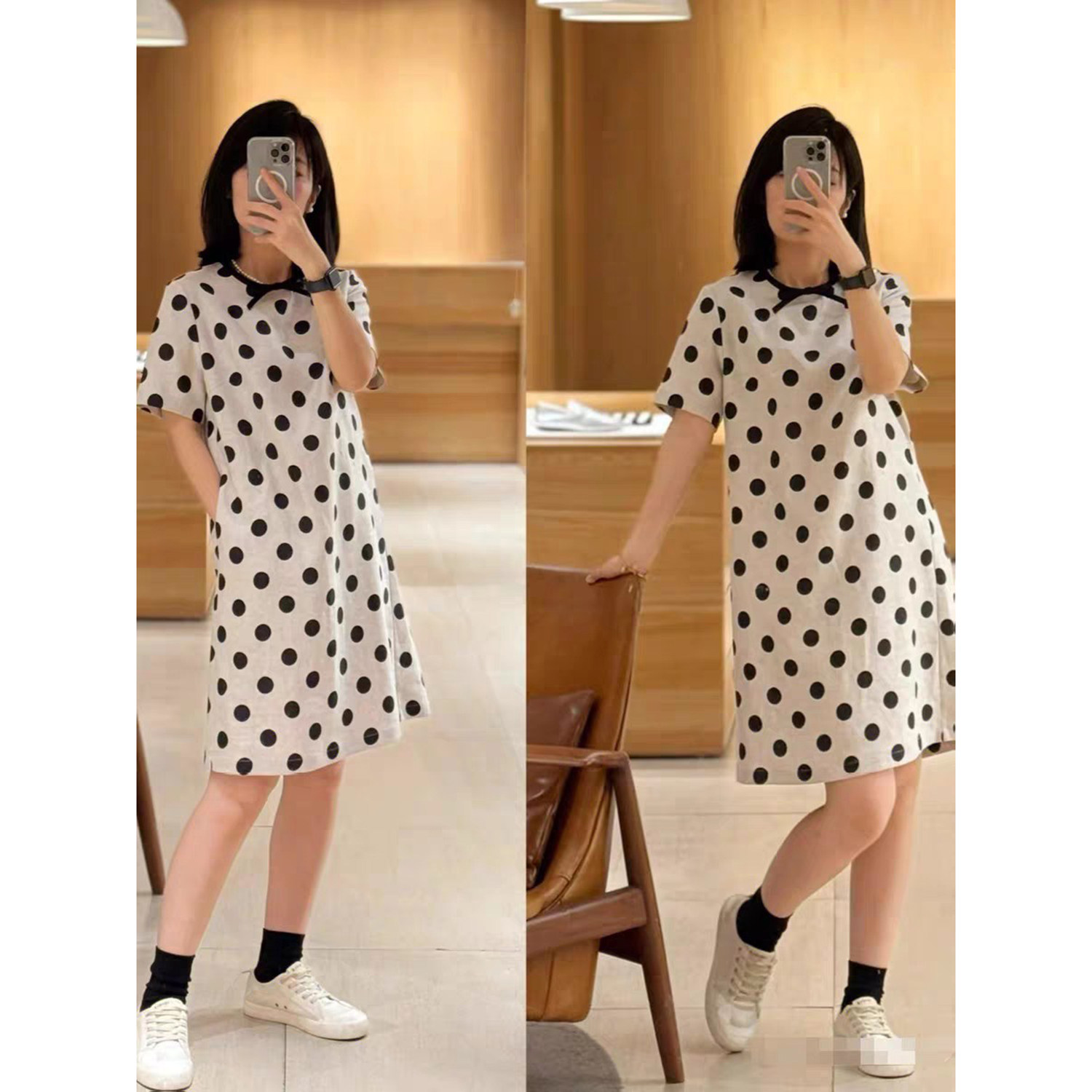 ICIC小禾同源亚麻深圳南油2025春夏斜纹波点圆领短袖连衣裙