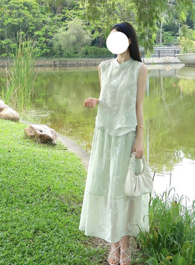 SW同源2026假两件新中式柳枝提花背心女兔耳盘扣套头上衣+半身裙