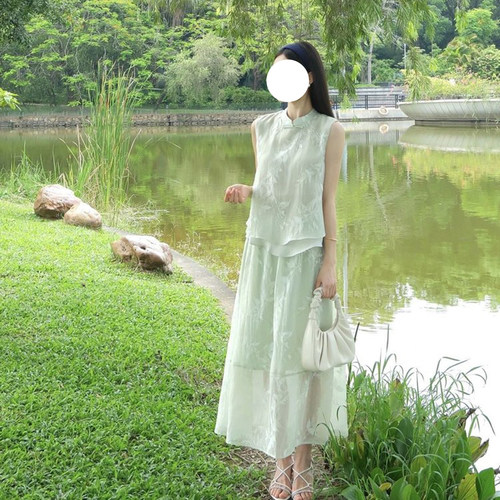SW同源2026假两件新中式柳枝提花背心女兔耳盘扣套头上衣+半身裙