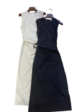 现货TOT 同源深圳南油亚麻天丝新款束腰收褶系带无袖连衣裙