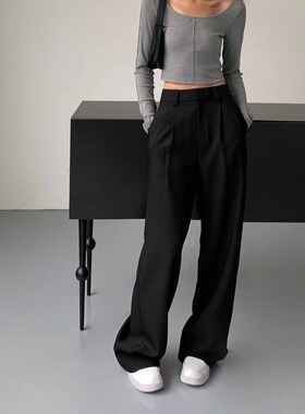 现货ICIC小禾同源2025女装春季毛弹细斜纹直筒裤