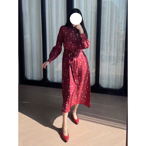 现货Max深圳南油100%桑蚕丝马年中国红连衣裙女长袖系带长裙