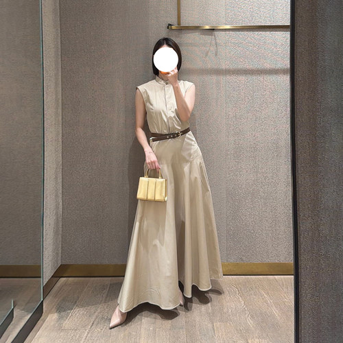 现货Max同款深圳南油2026春夏新品女装棉无袖长款连衣裙杏色绿色