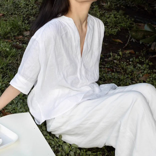 现货Ra Laur同源法国进口雨露麻2025新款女装宽松版亚麻衬衫套头