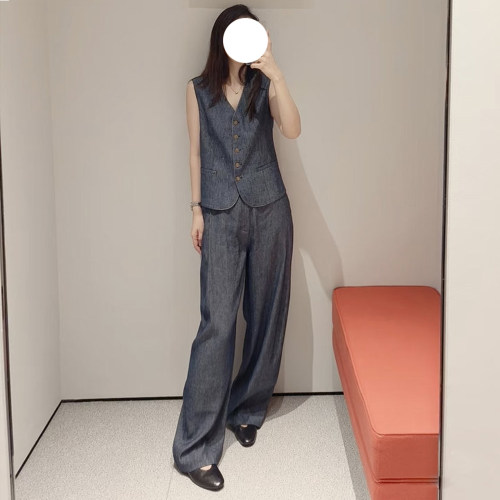 现货ER同源亚麻桑蚕丝修身马甲经典蓝女士无袖上衣+同款阔腿裤