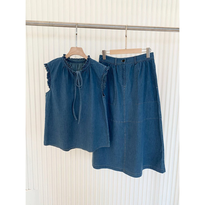 现货ICIC小禾同源女装新款棉弹牛仔布无袖花式上衣+同款半身裙