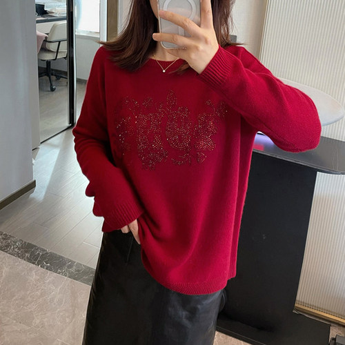 现货max同源新品女装羊毛羊绒圆领印花毛衣