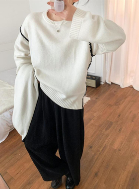 现货TOT同源女装白色圆领撞色刺绣羊毛山羊绒混纺针织衫