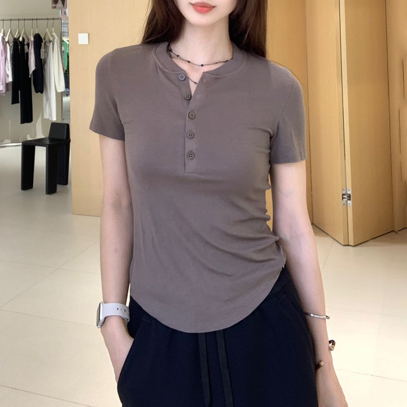 现货 五扣亨利衫进口莫代尔混纺修身高弹显身材T恤